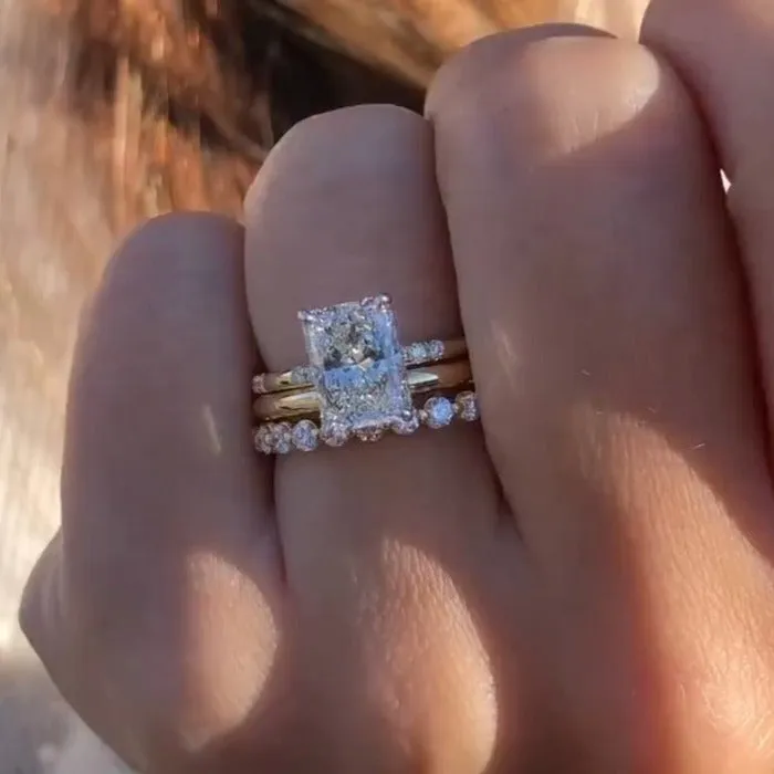 Shineofdiamond Rings 3PCS Hidden Halo Radiant Cut Bridal Ring Set