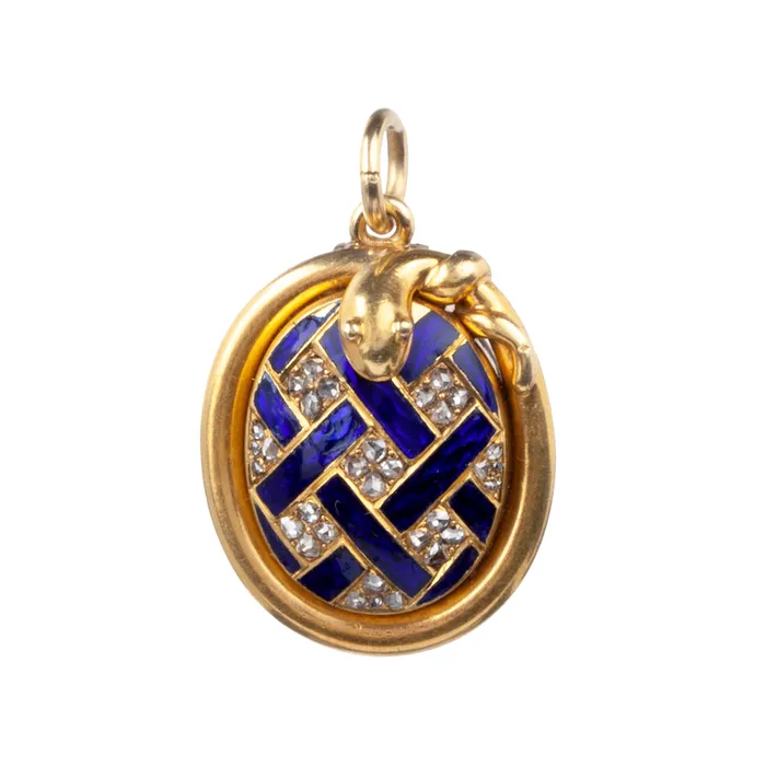 Necklaces Victorian Era Diamond and Enamel Snake Locket Bell Bird Antiques Necklaces Victorian Era Diamond and Enamel Snake Locket Bell Bird Antiques