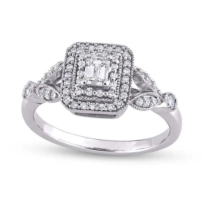 050 CT TW EmeraldCut Natural Diamond Double Frame LeafSides Antique VintageStyle Engagement Ring in Solid 10K White Gold Goldia Rings 050 CT TW EmeraldCut Natural Diamond Double Frame LeafSides Antique VintageStyle Engagement Ring in Solid 10K White Gold Goldia Rings