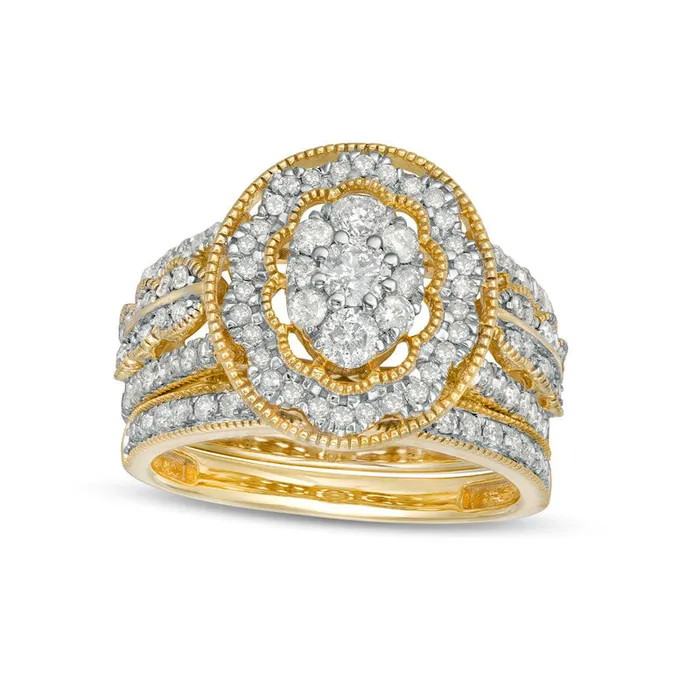 125 CT TW Composite Oval Natural Diamond Scallop Frame Antique VintageStyle Bridal Engagement Ring Set in Solid 10K Yellow Gold Goldia Rings 125 CT TW Composite Oval Natural Diamond Scallop Frame Antique VintageStyle Bridal Engagement Ring Set in Solid 10K Yellow Gold Goldia Rings