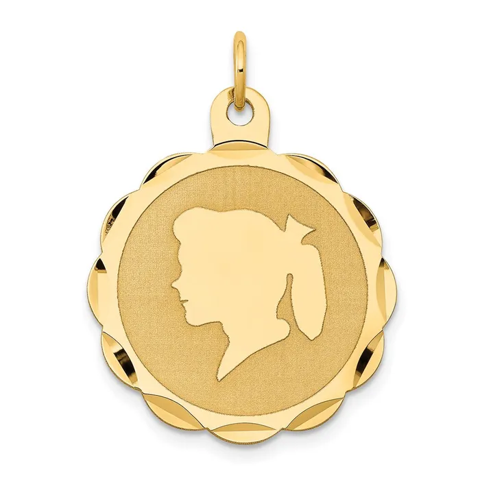 14k Yellow Gold Girl Head on 011 Gauge Engravable Scalloped Disc Charm Goldia Charm Necklaces 14k Yellow Gold Girl Head on 011 Gauge Engravable Scalloped Disc Charm Goldia Charm Necklaces