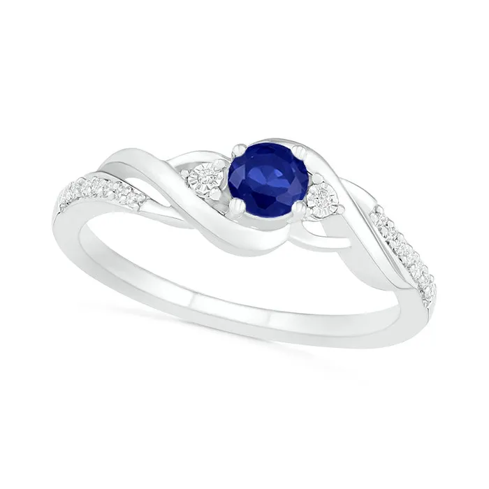 40mm LabCreated Blue Sapphire and 005 CT TW Diamond Bypass Twist Shank Ring in Sterling Silver Goldia Rings 40mm LabCreated Blue Sapphire and 005 CT TW Diamond Bypass Twist Shank Ring in Sterling Silver Goldia Rings