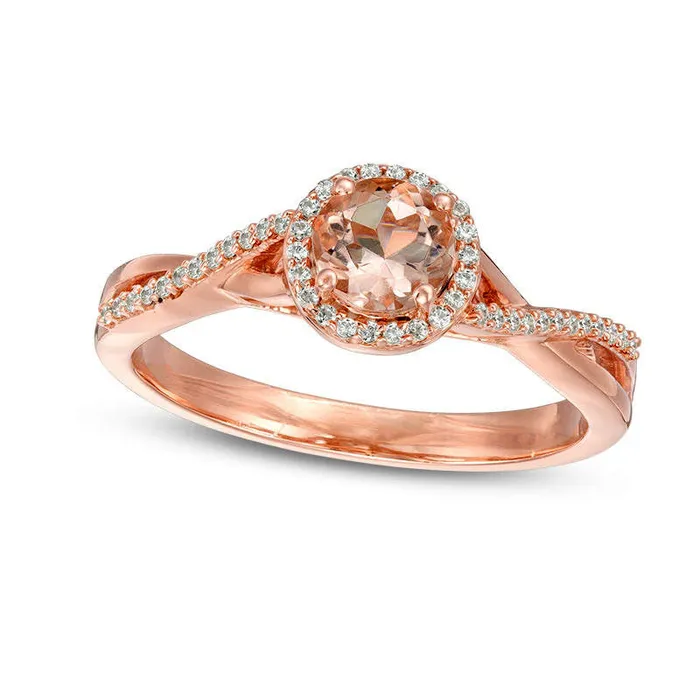 50mm Morganite and 010 CT TW Natural Diamond Frame Twist Shank Engagement Ring in Solid 10K Rose Gold Goldia Rings 50mm Morganite and 010 CT TW Natural Diamond Frame Twist Shank Engagement Ring in Solid 10K Rose Gold Goldia Rings