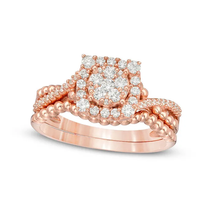 Goldia Rings 050 CT TW Composite Natural Diamond Cushion Frame and Beaded Crossover Bridal Engagement Ring Set in Solid 10K Rose Gold Goldia Rings 050 CT TW Composite Natural Diamond Cushion Frame and Beaded Crossover Bridal Engagement Ring Set in Solid 10K Rose Gold