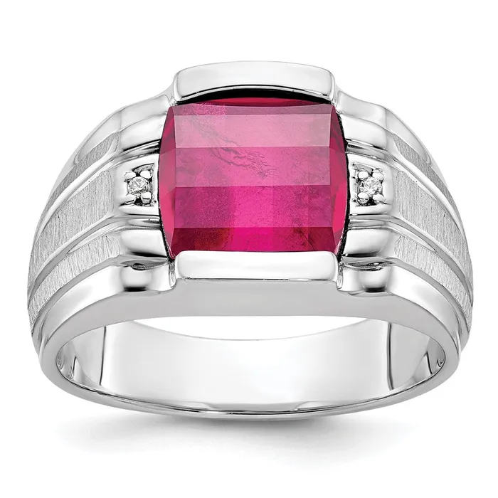 Goldia Rings 14k White Gold Mens Satin Created Ruby and Diamond Complete Ring Goldia Rings 14k White Gold Mens Satin Created Ruby and Diamond Complete Ring
