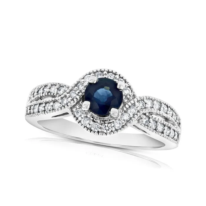 Goldia Rings 50mm Blue Sapphire and 033 CT TW Natural Diamond Bypass Frame Split Shank Antique VintageStyle Engagement Ring in Solid 14K White Gold Goldia Rings 50mm Blue Sapphire and 033 CT TW Natural Diamond Bypass Frame Split Shank Antique VintageStyle Engagement Ring in Solid 14K White Gold
