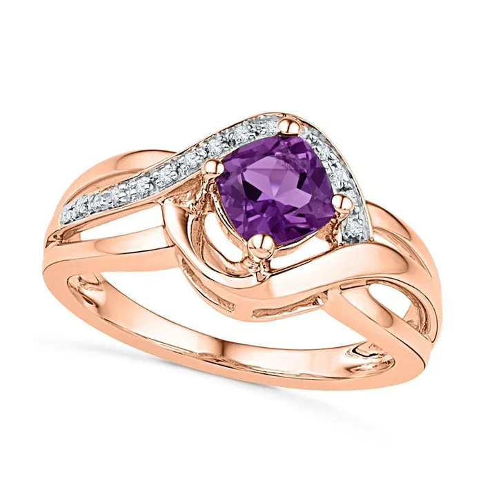 Goldia Rings 50mm CushionCut Amethyst and Natural Diamond Accent Ring in Solid 10K Rose Gold Goldia Rings 50mm CushionCut Amethyst and Natural Diamond Accent Ring in Solid 10K Rose Gold