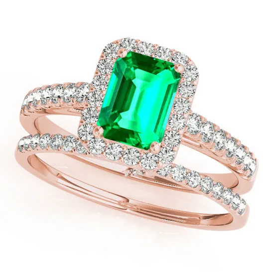 JMS always Original Maulijewels 085 Carat Emerald Cut Emerald And Diamond Bridal Set Ring in 10K Rose Gold Rings JMS always Original Maulijewels 085 Carat Emerald Cut Emerald And Diamond Bridal Set Ring in 10K Rose Gold Rings