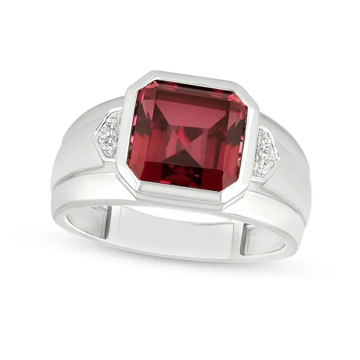 Mens 100mm CushionCut LabCreated Ruby and Diamond Accent Raised Collar Ring in Sterling Silver Goldia Rings Mens 100mm CushionCut LabCreated Ruby and Diamond Accent Raised Collar Ring in Sterling Silver Goldia Rings
