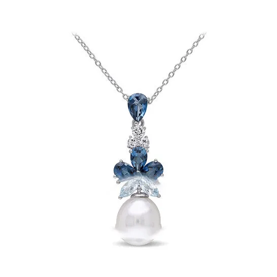 Original AMOUR 3 14 CT TGW London Sky Blue and White Topaz and 95 10 Mm White Cultured Freshwater Pearl Drop Pendant with Chain In Sterling Silver JMS always Necklaces Original AMOUR 3 14 CT TGW London Sky Blue and White Topaz and 95 10 Mm White Cultured Freshwater Pearl Drop Pendant with Chain In Sterling Silver JMS always Necklaces