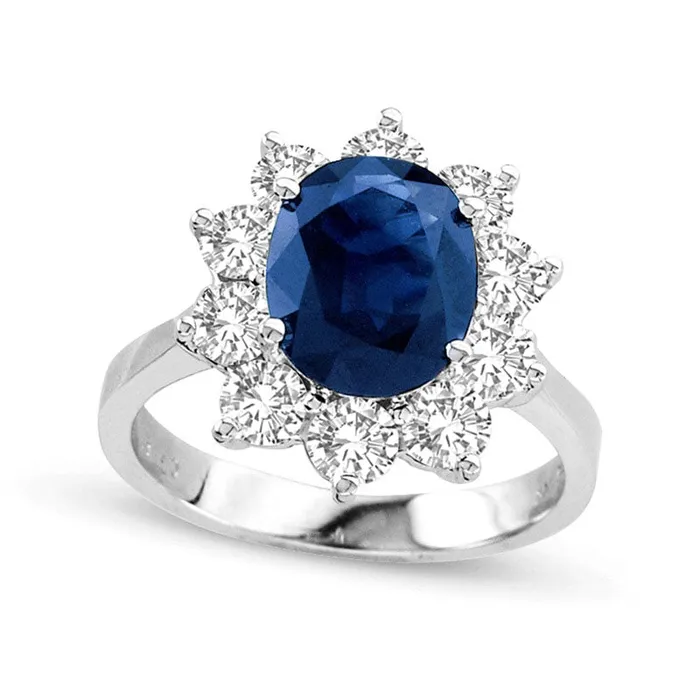 Oval Blue Sapphire and 15 CT TW Natural Diamond Frame Engagement Ring in Solid 14K White Gold Goldia Rings Oval Blue Sapphire and 15 CT TW Natural Diamond Frame Engagement Ring in Solid 14K White Gold Goldia Rings