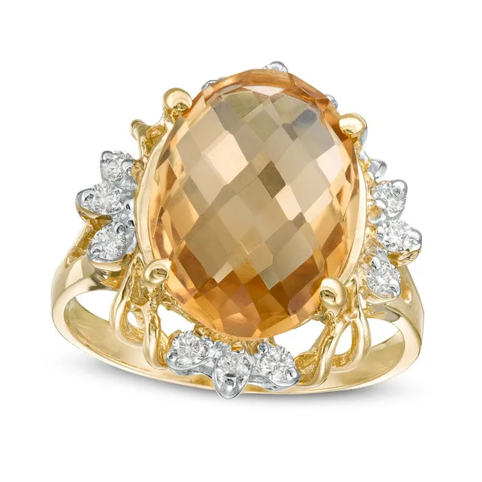 Oval Citrine and 020 CT TW Natural Diamond Petal Frame Ring in Solid 10K Yellow Gold Goldia Rings Oval Citrine and 020 CT TW Natural Diamond Petal Frame Ring in Solid 10K Yellow Gold Goldia Rings