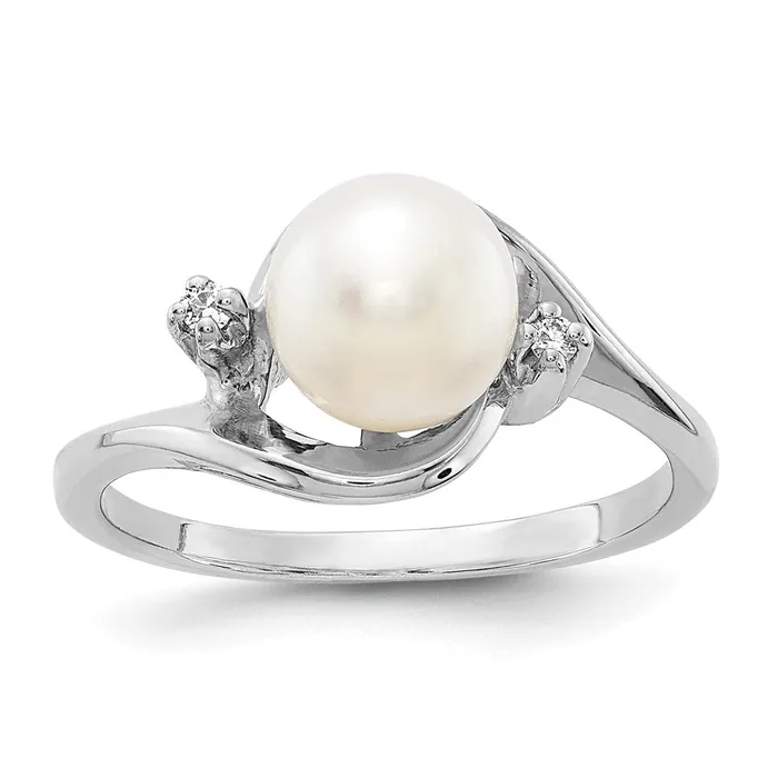 Rings Goldiacom 14k White Gold 7mm FW Cultured Pearl VS Real Diamond ring Rings Goldiacom 14k White Gold 7mm FW Cultured Pearl VS Real Diamond ring