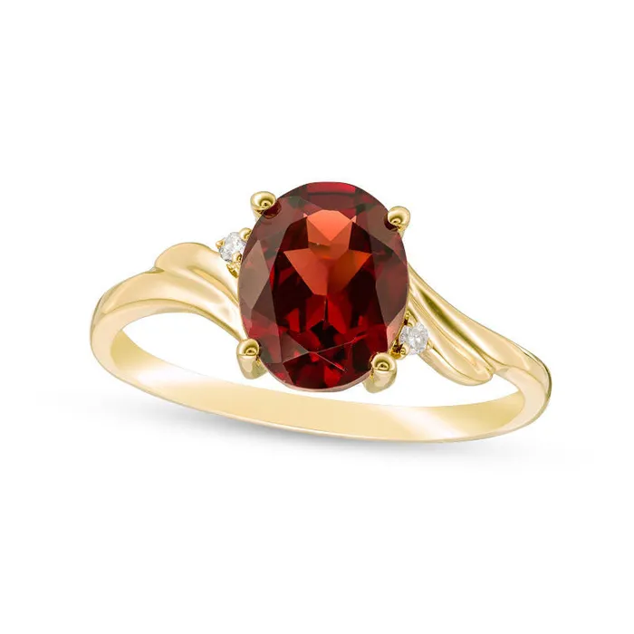 Rings Goldia Oval Garnet and Natural Diamond Accent Bypass Swirl Shank Ring in Solid 10K Yellow Gold Rings Goldia Oval Garnet and Natural Diamond Accent Bypass Swirl Shank Ring in Solid 10K Yellow Gold