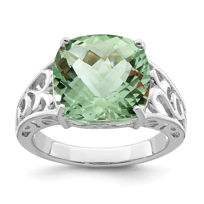 Sterling Silver Rhodium CheckerCut Green Quartz Gemstone Birthstone Ring Fine Jewelry Gift for Her Goldia Rings Sterling Silver Rhodium CheckerCut Green Quartz Gemstone Birthstone Ring Fine Jewelry Gift for Her Goldia Rings