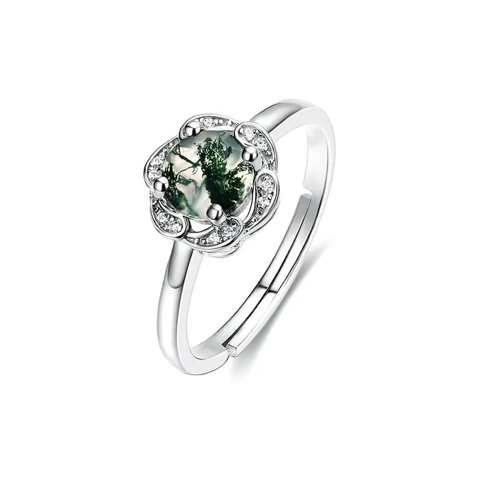 Trendolla Jewelry Rings S925 Silver Flower Green Moss Agate Engagement Ring Trendolla Jewelry Rings S925 Silver Flower Green Moss Agate Engagement Ring