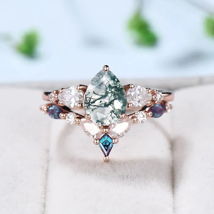 125CT Pear Moss Agate Engagement Ring Set Curved Alexandrite Stacking Ring Rose Gold Green Crystal Moissanite Wedding Ring Set For Women PENFINE Rings 125CT Pear Moss Agate Engagement Ring Set Curved Alexandrite Stacking Ring Rose Gold Green Crystal Moissanite Wedding Ring Set For Women PENFINE Rings