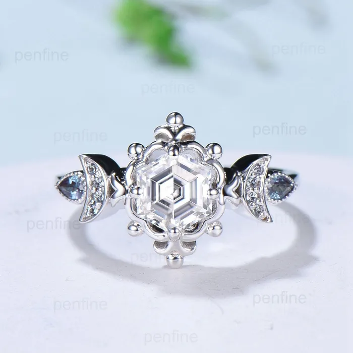 Floral Hexagon Moissanite Engagement Ring Crescent Moon Pear Alexandrite Cluster Wedding Ring Unique Promise Ring Handmade Bridal Gift PENFINE Rings Floral Hexagon Moissanite Engagement Ring Crescent Moon Pear Alexandrite Cluster Wedding Ring Unique Promise Ring Handmade Bridal Gift PENFINE Rings
