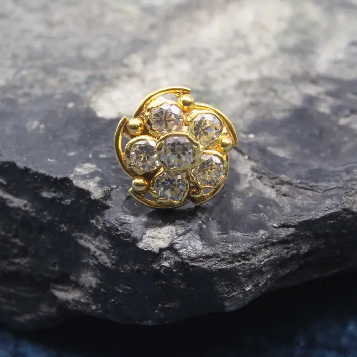 Floral Yellow Real Gold 14K White CZ Indian nose ring Push Pin Karizma Jewels Rings Floral Yellow Real Gold 14K White CZ Indian nose ring Push Pin Karizma Jewels Rings