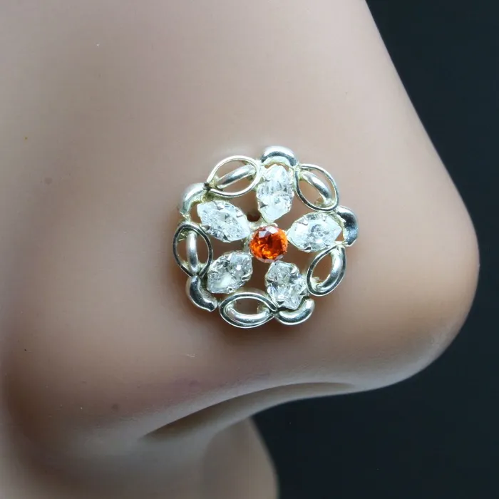 Indian 925 Sterling Silver Orange White CZ Studded Corkscrew nose ring 22g Karizma Jewels Rings Indian 925 Sterling Silver Orange White CZ Studded Corkscrew nose ring 22g Karizma Jewels Rings