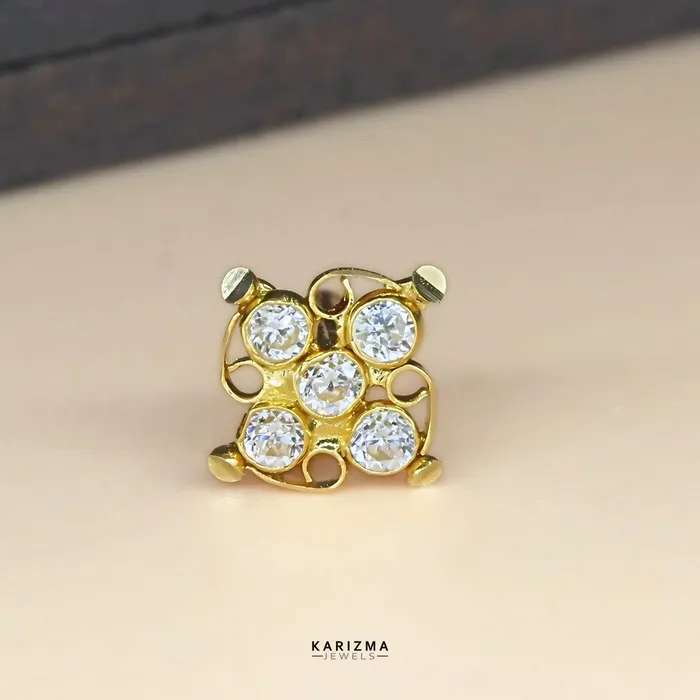 Karizma Jewels Rings 18K Real Gold Indian Women White CZ fabulous square Nose stud nose ring Push Pin Karizma Jewels Rings 18K Real Gold Indian Women White CZ fabulous square Nose stud nose ring Push Pin