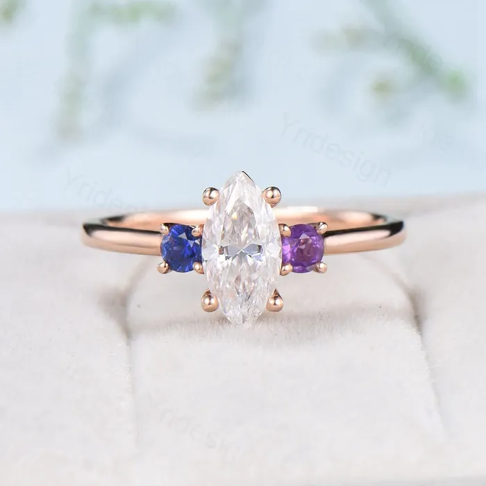 PENFINE Dainty Marquise cut moissanite engagement ring rose gold Minimalist three stone engagement rings sapphire amethyst promise ring for women Rings PENFINE Dainty Marquise cut moissanite engagement ring rose gold Minimalist three stone engagement rings sapphire amethyst promise ring for women Rings
