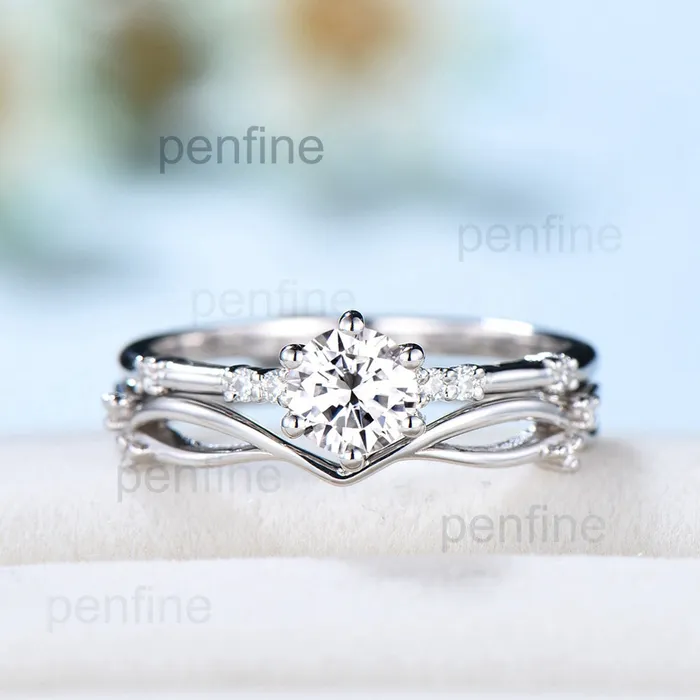 PENFINE Dainty Moissanite Bridal Sets Unique White Gold Moissanite Engagement Ring Set Art Deco Bridal Anniversary Rings Promise Ring for her Rings PENFINE Dainty Moissanite Bridal Sets Unique White Gold Moissanite Engagement Ring Set Art Deco Bridal Anniversary Rings Promise Ring for her Rings