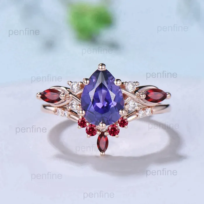 PENFINE Rings 125CT Pear Shaped Purple Sapphire Wedding Ring Set Teardrop Sapphire Ruby Engagement Ring Set Unique Rose Gold Purple Crystal Bridal Set PENFINE Rings 125CT Pear Shaped Purple Sapphire Wedding Ring Set Teardrop Sapphire Ruby Engagement Ring Set Unique Rose Gold Purple Crystal Bridal Set