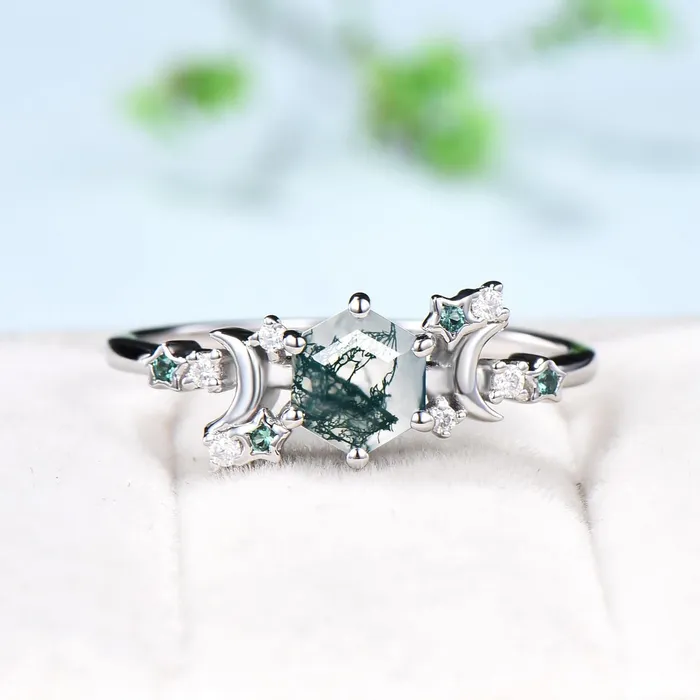 PENFINE Rings Galaxy Star moss agate engagement ring crescent moon hexagon cut green agate wedding ring Unique cluster star emerald anniversary ring women PENFINE Rings Galaxy Star moss agate engagement ring crescent moon hexagon cut green agate wedding ring Unique cluster star emerald anniversary ring women
