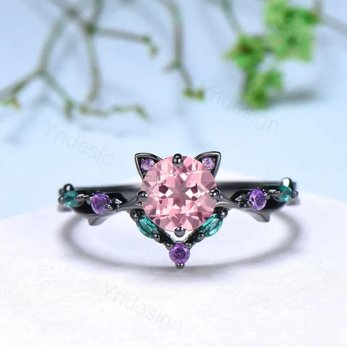 PENFINE Rings Unique Cat Ring Black Gold Padparadscha sapphire Engagement Ring Black Gold Animal Inspired Amethyst Emerald Band Pink Anniversary Ring Her PENFINE Rings Unique Cat Ring Black Gold Padparadscha sapphire Engagement Ring Black Gold Animal Inspired Amethyst Emerald Band Pink Anniversary Ring Her