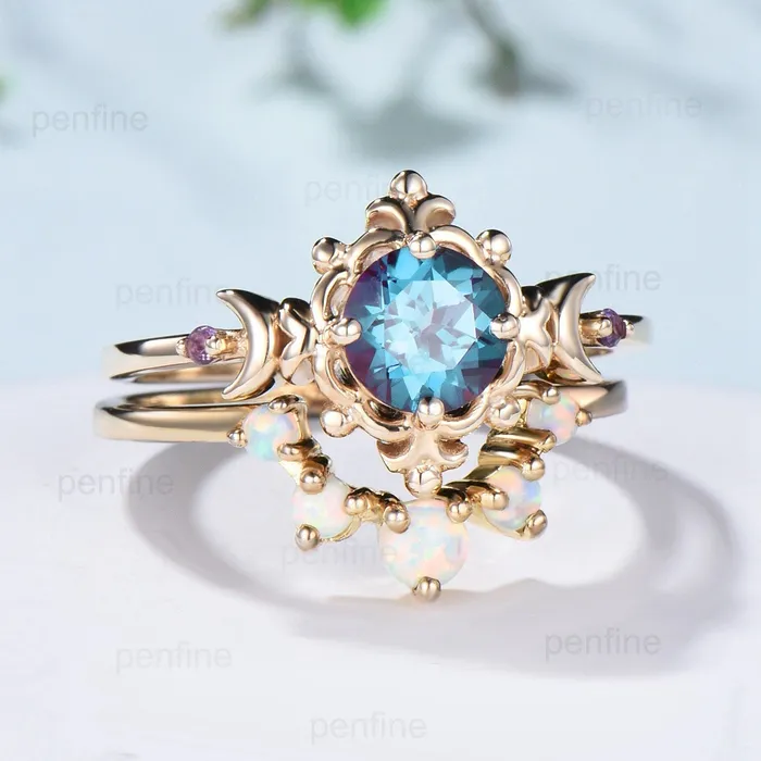 PENFINE Rings Vintage Alexandrite Ring Set Magic Crescent Moon Floral Alexandrite Engagement Ring Color Change Cluster Amethyst Opal Wedding Set for Women PENFINE Rings Vintage Alexandrite Ring Set Magic Crescent Moon Floral Alexandrite Engagement Ring Color Change Cluster Amethyst Opal Wedding Set for Women