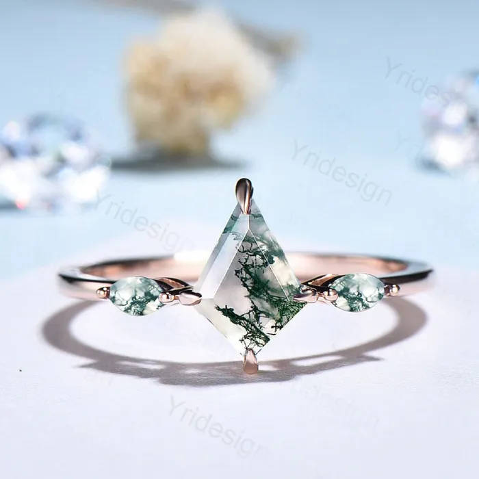 PENFINE Rings Vintage kite cut moss agate ring solid 14k rose gold marquise cut green agate engagement ring unique wedding ring for women anniversary gift PENFINE Rings Vintage kite cut moss agate ring solid 14k rose gold marquise cut green agate engagement ring unique wedding ring for women anniversary gift