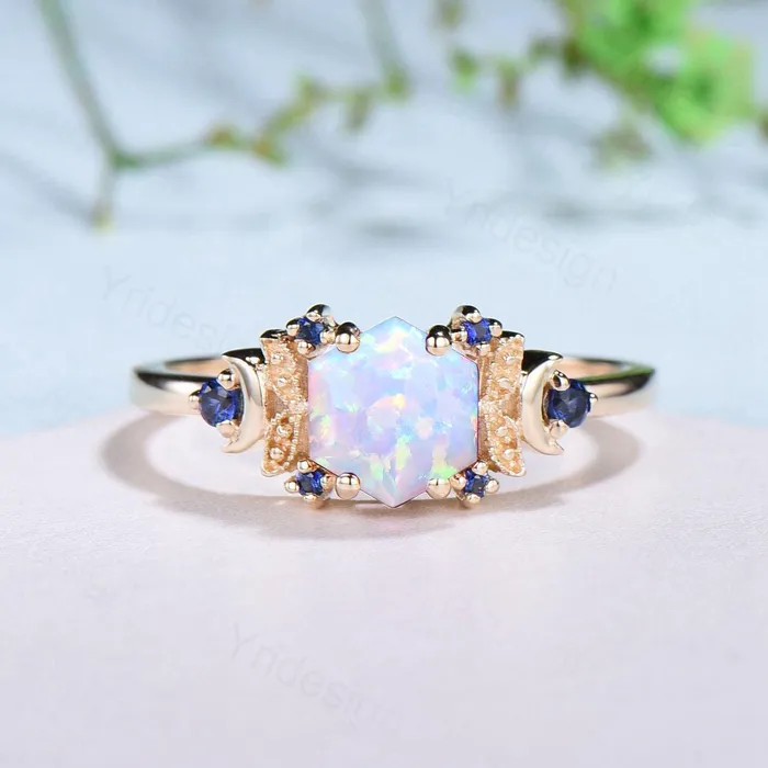PENFINE Rings Vintage Moon opal engagement ring unique hexagon cut white opal milgrain wedding ring rose gold cluster sapphire ring handmade proposal gift PENFINE Rings Vintage Moon opal engagement ring unique hexagon cut white opal milgrain wedding ring rose gold cluster sapphire ring handmade proposal gift
