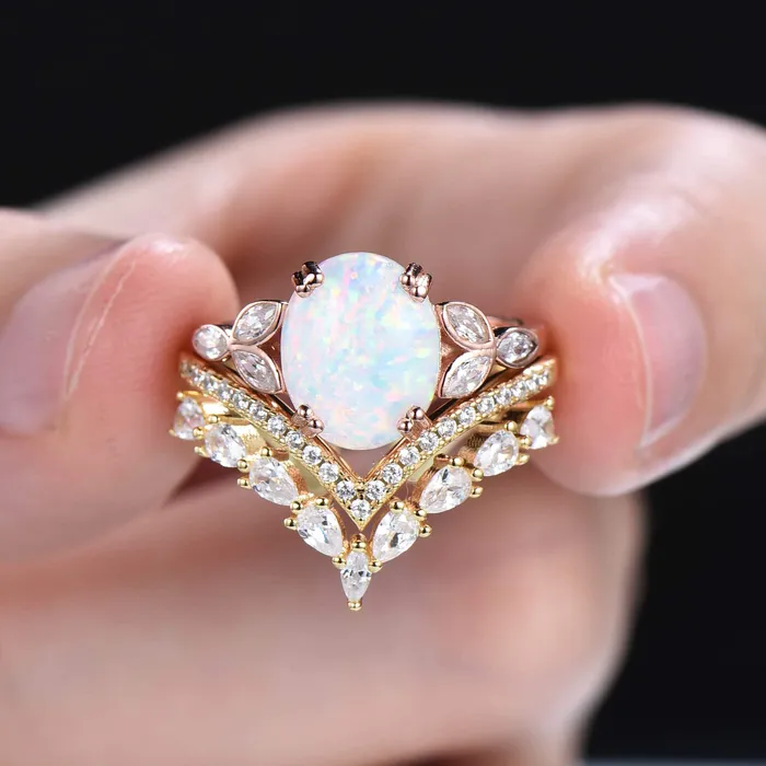 PENFINE Rings Vintage Oval Cut Opal Engagement Ring Set 8x10mm Fire White Opal Gold Bridal Set Woman Bezel Set Unique Marquise Moissanite Wedding Ring Set PENFINE Rings Vintage Oval Cut Opal Engagement Ring Set 8x10mm Fire White Opal Gold Bridal Set Woman Bezel Set Unique Marquise Moissanite Wedding Ring Set