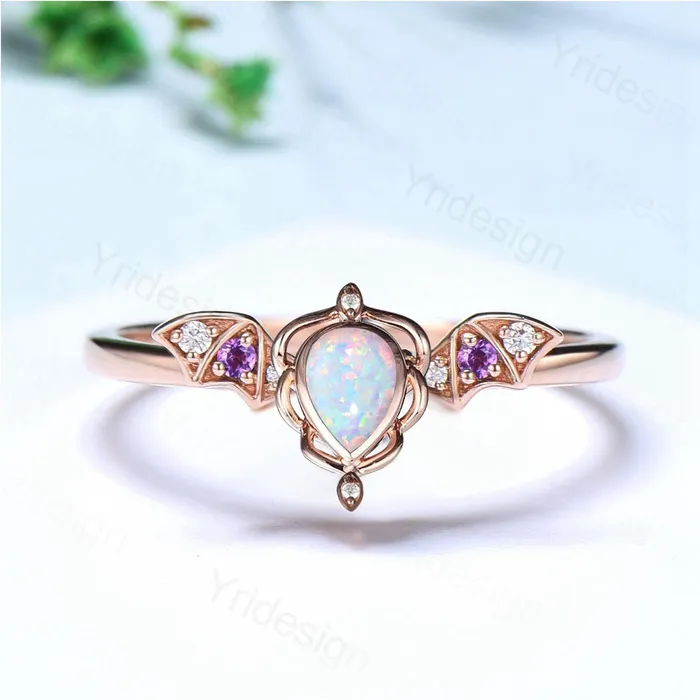 PENFINE Unique Teardrop White Opal Ring Lotus Bat Art Deco Fire Opal Amethyst Engagement Ring Vintage Handmade Anniversary Proposal Gifts For Mom Rings PENFINE Unique Teardrop White Opal Ring Lotus Bat Art Deco Fire Opal Amethyst Engagement Ring Vintage Handmade Anniversary Proposal Gifts For Mom Rings