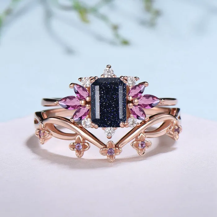 Rings Emerald Cut Galaxy Blue Sandstone Engagement Ring Set Marquise Amethyst Wedding Ring Set Women Unique Branch Bridal Set Personalized Gift PENFINE Rings Emerald Cut Galaxy Blue Sandstone Engagement Ring Set Marquise Amethyst Wedding Ring Set Women Unique Branch Bridal Set Personalized Gift PENFINE