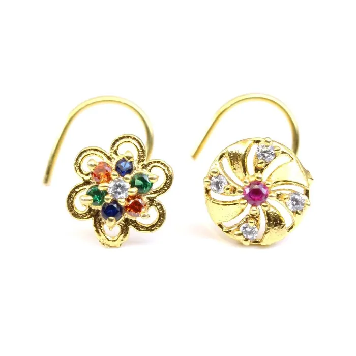 Rings Karizma Jewels 2pc Set Daisy gold Plated Indian Nose Studs CZ corkscrew piercing nose ring Rings Karizma Jewels 2pc Set Daisy gold Plated Indian Nose Studs CZ corkscrew piercing nose ring