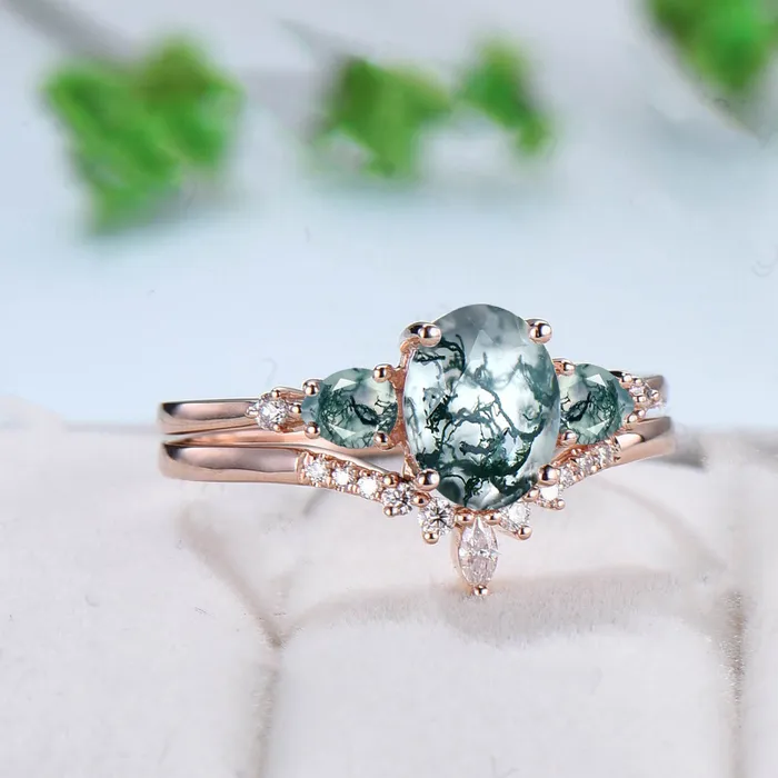 Rings PENFINE 15Ct Oval Natural Moss Agate Engagement Ring Set Five Stone Pear Aquatic Agate Wedding Set Women Crown Moissanite Stacking Band Unique Gift Rings PENFINE 15Ct Oval Natural Moss Agate Engagement Ring Set Five Stone Pear Aquatic Agate Wedding Set Women Crown Moissanite Stacking Band Unique Gift