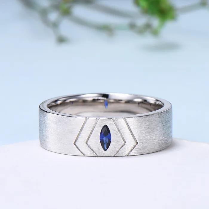 Rings PENFINE 6mm Mens Marquise Cut Sapphire Ring Vintage Brushed Finished Solitaire Wedding Band Silver 14K Solid White Gold Unique Stacking Band Men Rings PENFINE 6mm Mens Marquise Cut Sapphire Ring Vintage Brushed Finished Solitaire Wedding Band Silver 14K Solid White Gold Unique Stacking Band Men