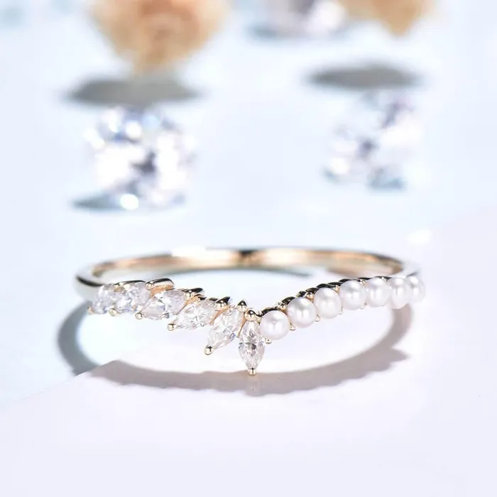 Rings PENFINE Curved V Shaped Diamond And Pearl Wedding Band Marquise Ring Romantic Rings PENFINE Curved V Shaped Diamond And Pearl Wedding Band Marquise Ring Romantic