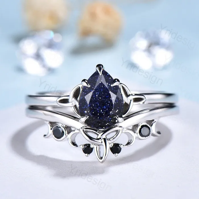 Rings PENFINE Unique blue sandstone engagement ring set Norse Viking galaxy vintage black gemstone wedding ring set stacking celtic love bridal ring set Rings PENFINE Unique blue sandstone engagement ring set Norse Viking galaxy vintage black gemstone wedding ring set stacking celtic love bridal ring set