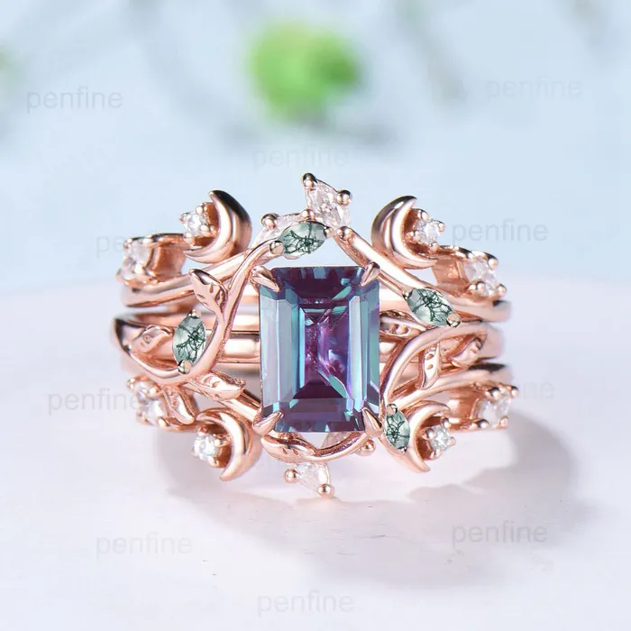 Rings Vintage emerald cut alexandrite engagement ring set nature inspired green moss agate wedding set double leaf moon moissanite stacking band PENFINE Rings Vintage emerald cut alexandrite engagement ring set nature inspired green moss agate wedding set double leaf moon moissanite stacking band PENFINE
