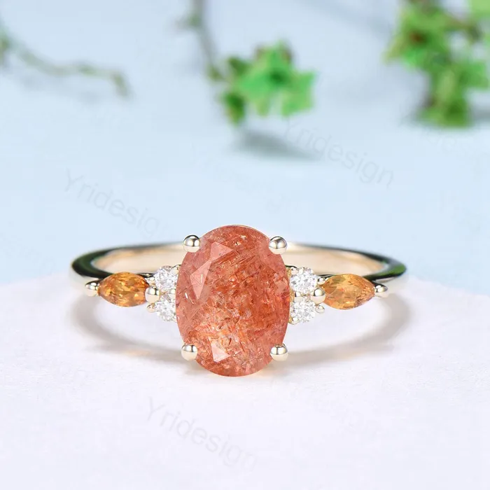 Rings Vintage Oval Cut Sunstone engagement ring 14K Yellow Gold Marquise Citrine Moissanite Wedding Ring Promise Ring Anniversary Gift For Women PENFINE Rings Vintage Oval Cut Sunstone engagement ring 14K Yellow Gold Marquise Citrine Moissanite Wedding Ring Promise Ring Anniversary Gift For Women PENFINE
