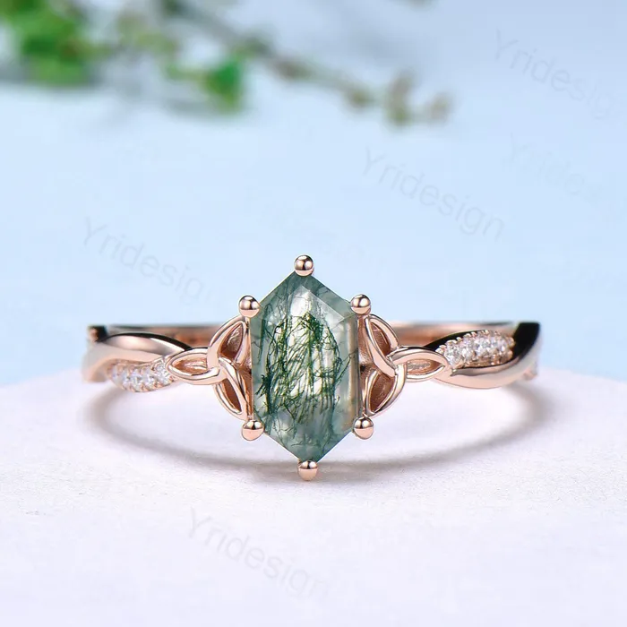 Rose Gold Norse Viking long hexagon moss agate engagement ring 34 eternity twisted infinity moissanitediamond band wedding ring for women PENFINE Rings Rose Gold Norse Viking long hexagon moss agate engagement ring 34 eternity twisted infinity moissanitediamond band wedding ring for women PENFINE Rings