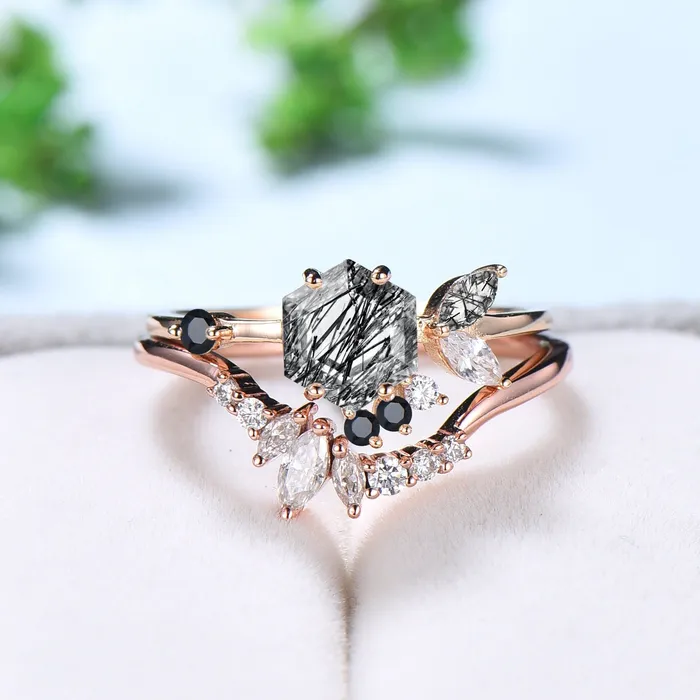 Vintage Black Rutilated Quartz Wedding Ring Set Unique Engagement Ring Set Rose Gold Cluster Black Onyx Bridal Set Women Anniversary Gift PENFINE Rings Vintage Black Rutilated Quartz Wedding Ring Set Unique Engagement Ring Set Rose Gold Cluster Black Onyx Bridal Set Women Anniversary Gift PENFINE Rings