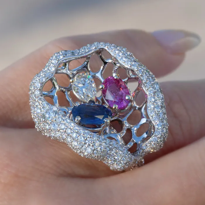 AlbrechtJewellery Rings Fancy Sapphire and Diamond Cocktail Ring with Blue SapphirePink Sapphire in 14K White Gold AlbrechtJewellery Rings Fancy Sapphire and Diamond Cocktail Ring with Blue SapphirePink Sapphire in 14K White Gold