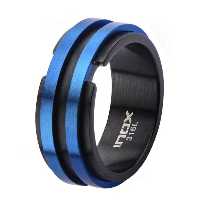 INOX JEWELRY Rings Blue and Black Stainless Steel Double Layer Banded Ring INOX JEWELRY Rings Blue and Black Stainless Steel Double Layer Banded Ring