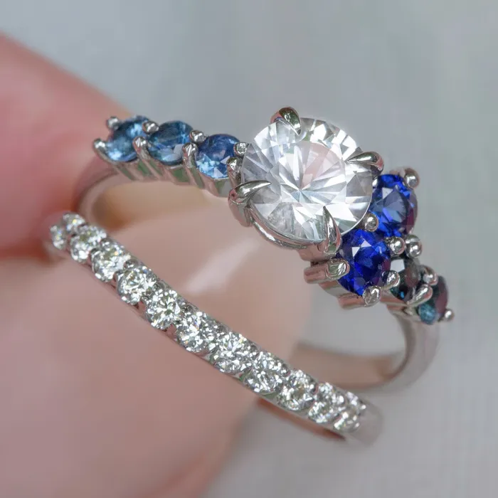 Rings Albrecht Jewellery Frida White Sapphire Cluster Engagement Ring Set with Royal Blue Sapphires and Diamonds 14K Gold Rings Albrecht Jewellery Frida White Sapphire Cluster Engagement Ring Set with Royal Blue Sapphires and Diamonds 14K Gold