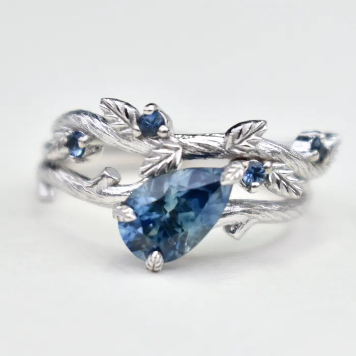 Rings AlbrechtJewellery Twig Leaf Engagement Ring Set With Teal Blue Montana Sapphire 14K White Gold Rings AlbrechtJewellery Twig Leaf Engagement Ring Set With Teal Blue Montana Sapphire 14K White Gold