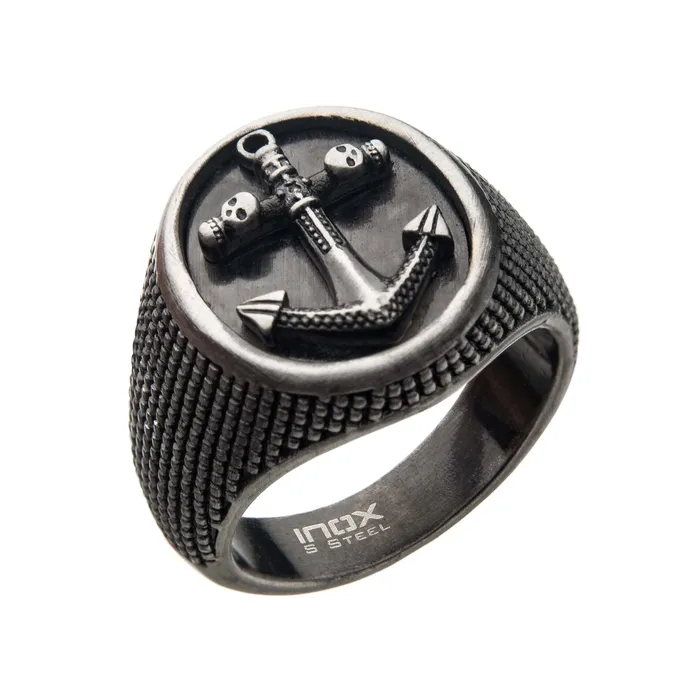 Rings Gunmetal Tone Stainless Steel Antique Finish Anchor Design Skull Signet Ring INOX JEWELRY Rings Gunmetal Tone Stainless Steel Antique Finish Anchor Design Skull Signet Ring INOX JEWELRY